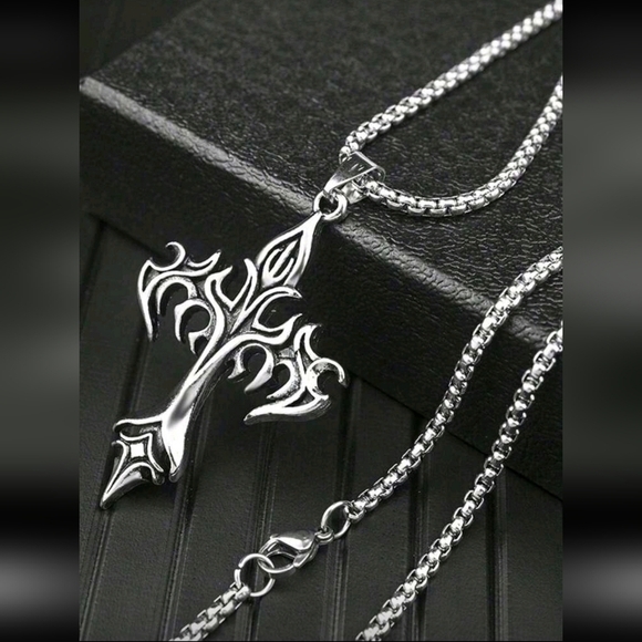 Fashion Jewelry Other - Stainless Steel Flaming Cross with Black accents Pendant Necklace. 21"